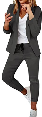 Women's 2 Piece Outfit Casual Plaid Open Front Blazer and Pencil Pant Suits Set Business Work Suit Jacket Dress Pants(Xa-Dark Gray,X-Small)