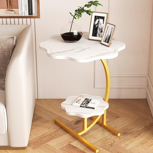 LITAITAI 2 Layers Flower Shape Marble Texture Small C-Shaped Side Table,Snack Side Table, End Table for Sofa SideTable,Bedside Table for Living Room Kitchen Garden Bedroom