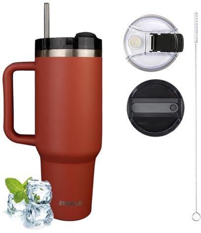 STARLA Termosmugg med sugrör och handtag 1,2 l stor, 2 lock, läckagesäker, rostfritt stål isoleringskopp, kaffemugg To Go vattenkopp, resemugg, drickmugg med handtag (röd rost)