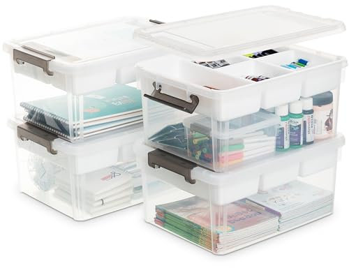 Citylife 4Pack Aufbewahrungsboxen mit Deckel, 16L aus Kunststoff mit abnehmbarem Tablett, Verstärkte Kisten Bastelaufbewahrungs box klein für die Organisation von Werkzeug, Handwerk, Buntstifte