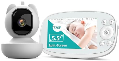 VIZOLINK Babyphone mit Kamera, 5,5 Zoll 1080P IPS Baby Monitor mit 5000mAh Batterie, Mobile Tracking, Sicherheitsalarm, HD Nachtsicht, VOX-Modus, 5X Zoom, 2 Wege Audio, Temperaturanzeige, 32GB TF-Card