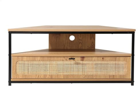 Calicosy - TV-Eckschrank, 1 Klapptür, Geflecht aus Rattan, Holzdekor, Spanplatten, Metallfüße, Wohnzimmer oder Schlafzimmer, exotischer und natürlicher Stil, L 100 x T 30 x H 45 cm