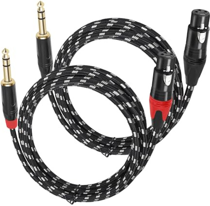 XLR Female to 1/4 (6.35mm) TRS Mono Jack Microphone Cable, 6.6 FT, 2 Pack, Black and White Grid Protective Layer, Balanced 3 Pin XLR to Quarter inch TRS Plug Mic Cord, Pure Copper and Plated Pin