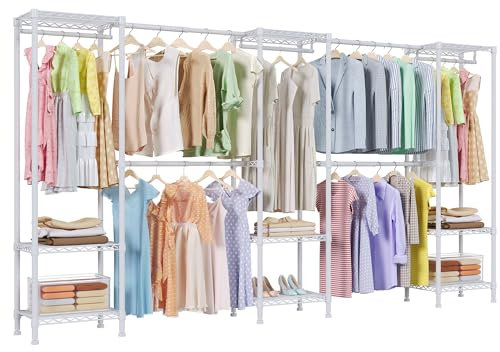 Higeego H11 Heavy Duty Garment Rack, Clothing Rack for Hanging Clothes, Extra Large Closet, Freestanding Wardrobe Closet Organizer and Storage with Hanger Rods, Extendable from 7.8 to 10.8 ft, White