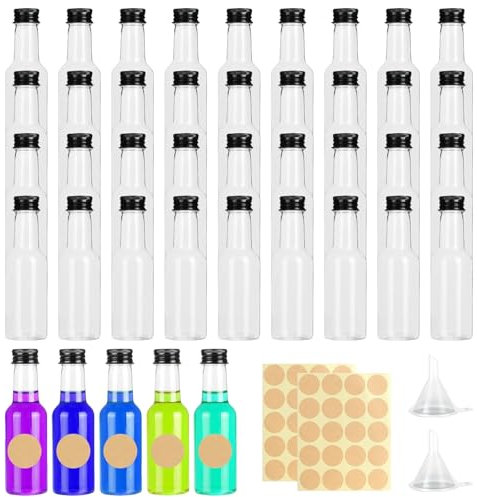 Liwein Mini Bouteilles de Liqueur en Plastique Vides - 30ml avec Bouchon Noir, Entonnoirs et Étiquettes - 50pcs