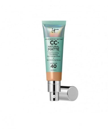 IT Cosmetics Your Skin But Better CC+ Cream Natural Matte LSF 40, 32 ml, Glanz reduzierende, farbkorrigierende und pflegende Foundation mit LSF 40, Getönte Gesichtscreme, Farbton Neutral Tan