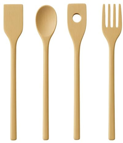 Set de 4 Utensilios de Cocina BERIZZA en Madera Natural, Juego de Espátula, Cuchara, Tenedor y Medidor para Pasta, Sin Barnices, Sin pvc, sin plasticos, sin metal.