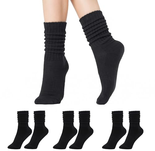 CoolMate Women's Scrunch Crew Socks, Slouchy Mid Calf Boot Socks, 3 Pairs Slouch Socks, US Size 6-10, 3 Pairs Black, 4.5-9 UK