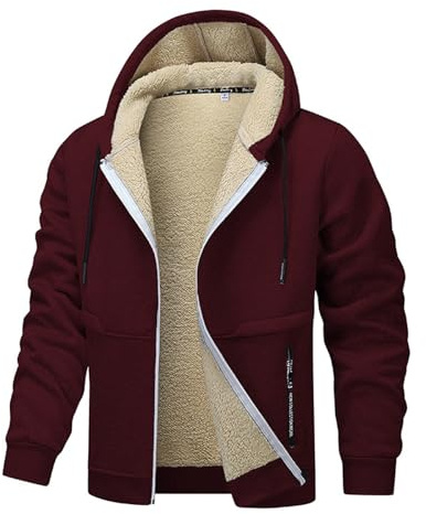 Chaqueta Hombre Invierno Polar Sudadera Hombre Cremallera Deportiva Básica Sudadera Sueter con Capucha Casual Entretiempo Ropa De Trabajo Hoodie Sweatshirt(Vino,M)