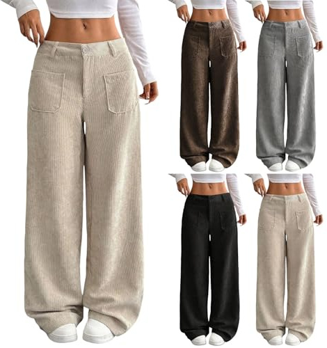 Palazzo - Pantalones de pana para mujer, pantalones de tela de pierna ancha, pantalones de tela de gran tamaño, pantalones de ocio, elegantes pantalones anchos de invierno, pantalones térmicos de pana
