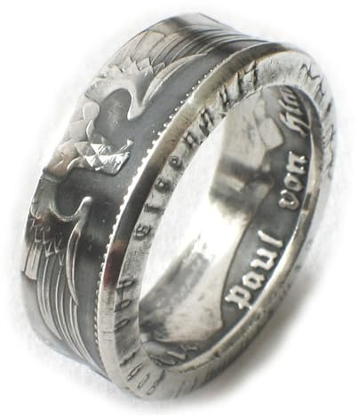 Generisch Münzring 5 Reichsmark 1936-1939 Adler, original Münze Silber 900 im Vintage Finish + Schmuckbeutel - Silberring Handgefertigt in Deutschland, Herren Ring Damen (69 - Ø 22,0 mm)