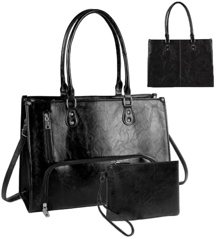 HoldOneLight 15.6 Inch Women’s Laptop Tote Bag - PU Leather Handbag with Insulated Lunch Pocket & Clutch for Office School Business