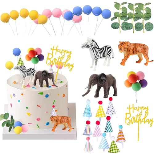 Jungle Animal Themed Cake Decorations - Mini Birthday Party Hats with Pom-Poms & Animal Cake Toppers, Perfect for Baby Shower, Kids' Birthday Party Supplies