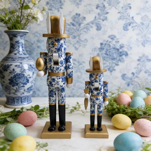 Weysat 2 Pcs Easter Nutcracker Figure Blue and White Bunny Wooden Nutcracker Figure Chinoiserie Easter Ornament for Festival Party Gift Shelf Table Desktop Fireplace Decor 10inch, 15inch