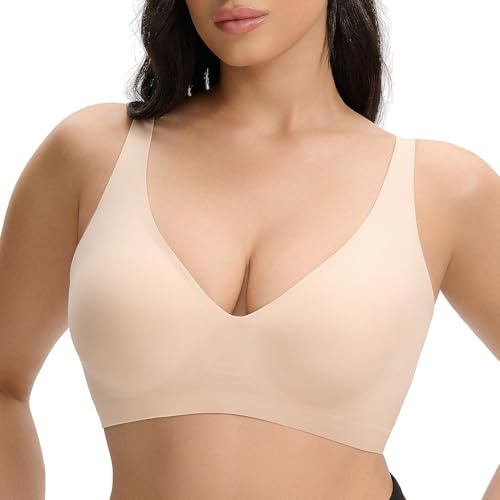 PQK Jelly Bra for Women Deep V Push Up Wireless Seamless T Shirt Bra No Underwire Full Coverage Padded Bralette Soft Lift with Extender Nude