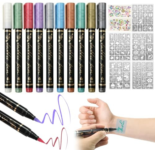 Glitter tatuering pennor set, 10 färger med 5 mallar tillfälligt torkbeständig | 17-delat kroppsmålningsset med 5 mallar och 2 diamantklistermärken, torkbeständigt bläck för festival och halloween