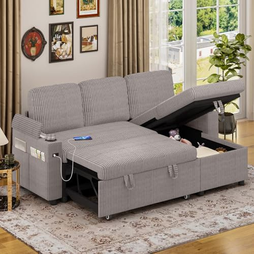 Luxstein Corner Sofa Bed, L-Shaped Sleeper Sectional Couch Bed, 3-in-1 Corduroy Convertible Pull Out Sofa Bed with Adjustable Backrest, Storage, USB and Cup Holder for Living Room, Gream