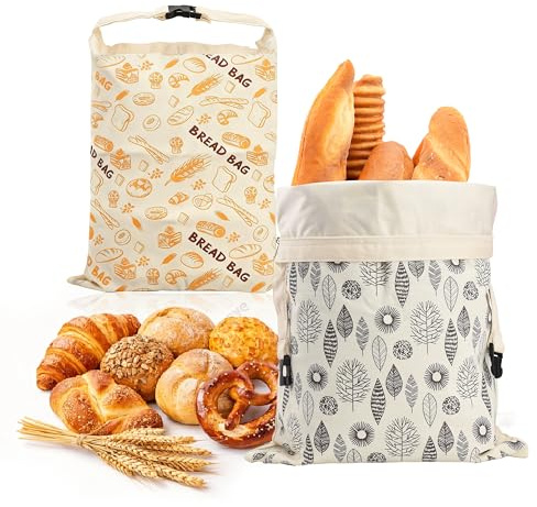 Avernest 2 Pezzi Sacchetto Riutilizzabile per il Pane in Lino, 44 cm x 33 cm, Portapane con Elastico e Moschettone, Fodera in TPU, Cestino Pane per Prodotti da Forno, Frutta e Verdura