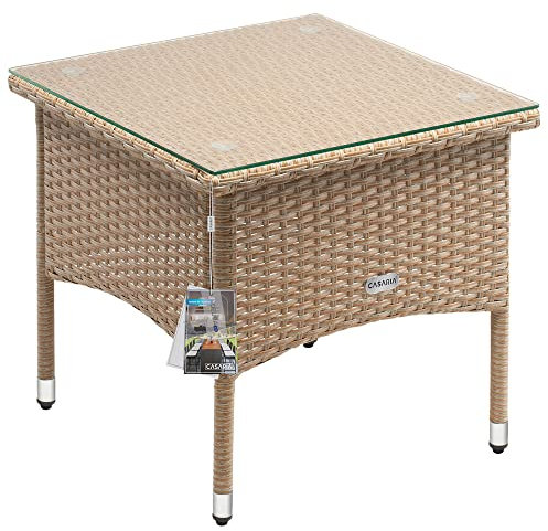 Casaria® Table d'appoint en polyrotin crème 50x50x45cm Table Basse de Jardin carrée avec Plaque en Verre Petite Table extérieur
