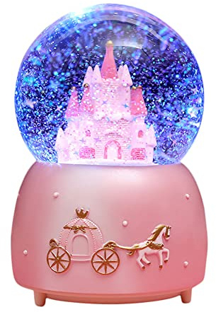 Castle Snow Globes Luminous Music Box Cartoon Christmas Snow House Automatic Spray Rotating Crystal Ball with Color Changing LED Lights for Home Decoration Birthday Gift