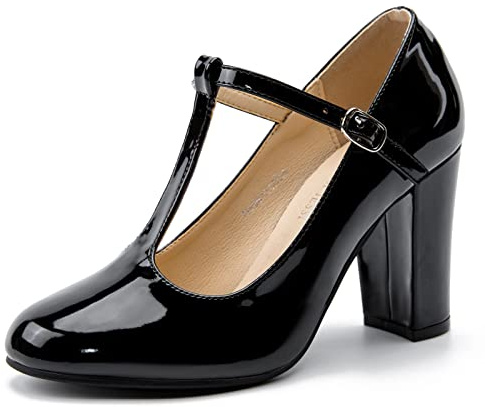Women's T-Strap Mary Jane Pumps, Chunky Heel, Vintage Style, 3.54 Inch Round Toe Dress Shoes, Patent Black, 3 UK