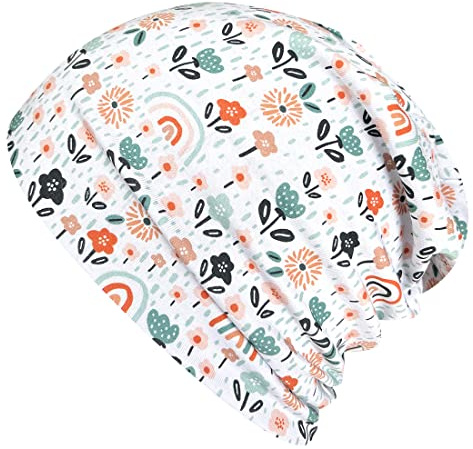 Wollhuhn EKO pojkar/flickor bekväm mjuk lång beanie/mössa/beaniemössa/stickad mössa/barnmössa, jerseyfodrad, övergångsperioder (ekologiska tyger/bio) .., Blommor vit pastell, 52/54 cm