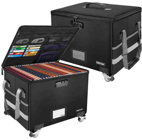 ENGPOW Fireproof Document Box with Wheels, Collapsible File Box with Lock, Rolling File Storage Organizer Filing Cabinet with Pockets, Portable Home Office Safe for Hanging Letter/Legal Folder, 2 Pack