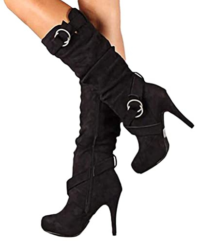 ticticlily Bottes Femme Hautes Boots d’Hiver Femmes en Daim à la Mode à Talon Talons Hauts Bottines de Neige Jusqu'au Genou A Noir 38 EU