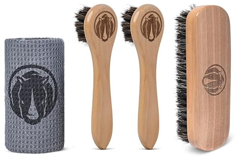 Rhino Wax - Shoe & Boot Brush Kit (4 Pcs) - Genuine Soft Horsehair Bristles Clean, Polish or Shine Shoes or Boots with No Leather Damage - Kit Includes: 1 Large + 2 Dauber Brushes + Microfiber Cloth