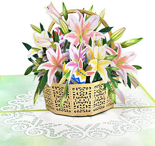 GREETING ART Easter Basket Pop Up Card - 3d Easter Pop Up Card, Easter Lily Flower, Easter Cards With Envelopes, Religious Easter Cards, Happy Easter Cards for Kids, Friends, Family