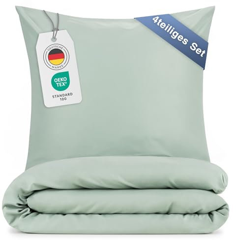 Blumtal Bettwäsche 2X 135x200cm + 2X 80x80cm Kopfkissenbezug - Oeko-TEX zert. Mikrofaser Bettwäsche Set - Mikrofaser Bettbezug bis 95 °C - Deckenbezug + Kissenbezug 4-teilig - Duvet Cover Sommer Grün