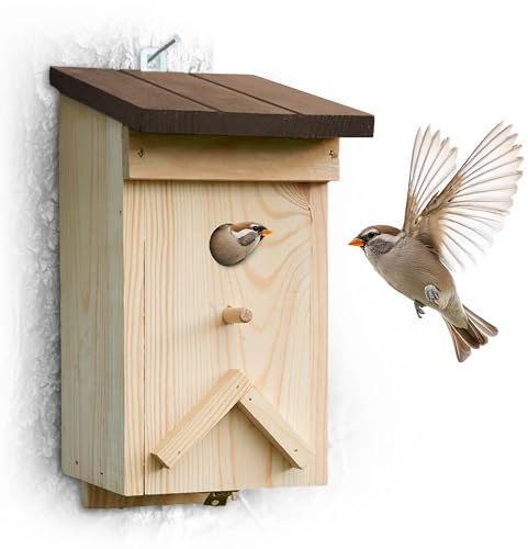 GARTHEIN - Nistkasten aus Echtholz mit braunem Deckel, wetterfest, für Meisen, Rotkehlchen, Spatzen, 28 mm Einflugloch, Spechtschutz, Vogelnistkasten für den Garten, naturbelassen