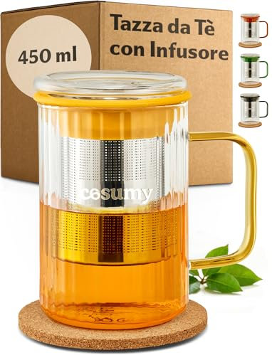 Cosumy Taza para Infusiones con Tapa y Filtro, 450ml - Vaso de Té de Vidrio Borosilicato con Asas de Colores y Posavasos de Corcho (Amarillo)