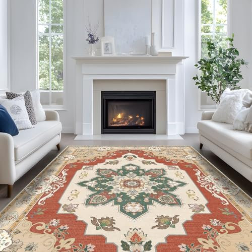 Luogort Rot Teppich Wohnzimmer 160x230cm, Waschbarer Vintage Teppich Kurzflor Teppiche mit Rutschfester Rückseite – Weich, Kindersicher & Pflegeleicht für Büro Esszimmer Kinderzimmer