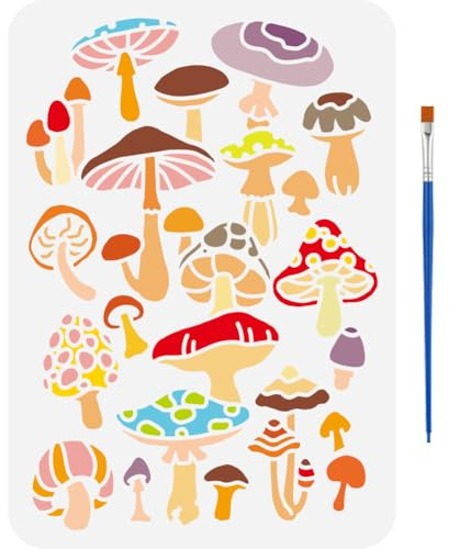FINGERINSPIRE Mushrooms Painting Stencil with Brush 21x29.7cm Wild Mushrooms Template Reusable Plant Mushrooms Stencil for Painting Plant Theme Template for Wall Floor Furniture Decoration