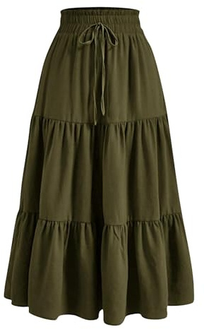duxyoz Maxi Skirts For Women Summer Boho Tiered Long Flowy Skirt Bohemian Boho Drawstring High Waisted Swing A-Line Skirt Casual Party Holiday Ruffle Gypsy Vintage Pleated Skirts Full Length