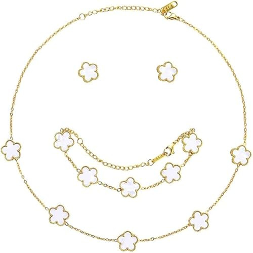 XIWCAFC Four-Leaf Clover Jewellery Set for Women 18K Rose Gold Pendant Necklace Stud Earrings Bracelet Set Lucky Double-sided Clover Jewellery Sets Gift for Her BFF Birthday (white)