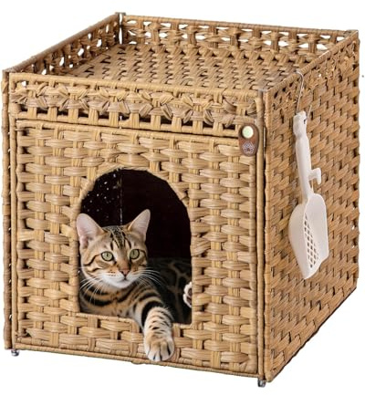 Klippehop Cat Litter Box Enclosure, Handwoven PE Rattan Cat House with Mat and S Hooks, Hidden Litter Box Furniture for Living Room Bedroom Balcony, 47x52x48.5 cm, Natural