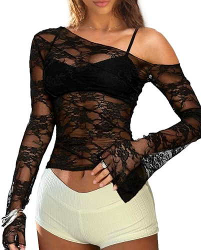 Navneet Women Sexy Lace Top Flare Sleeve Mesh Sheer Top See Through Going Out Tops Off Shoulder Tops Party Club Rave Festival Black M