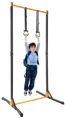 Gymnastikstange mit Ringen, Höhenverstellbar 160–215 cm – Turnstange Outdoor/Indoor, 400 kg Tragkraft – Turnreck für Kinder & Erwachsene – Inkl. Gymnastikringe, Rutschfest – Fitnessgerät für Zuhause,