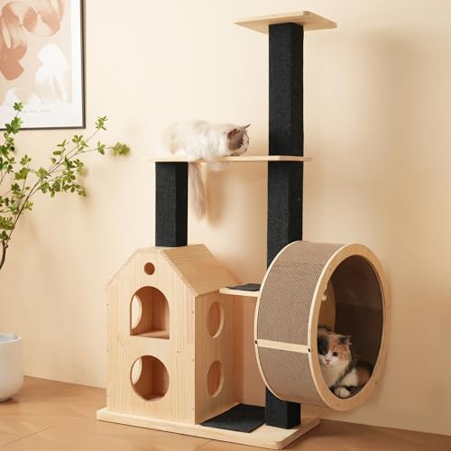 Merax Arbre à chat, 80 x 40 x 152 cm, avec roue d'exercice pour chat, 4 plateformes, 2 maisons, poteaux en sisal, tapis griffoir amovible et lavable, durable, meuble pour chat actif
