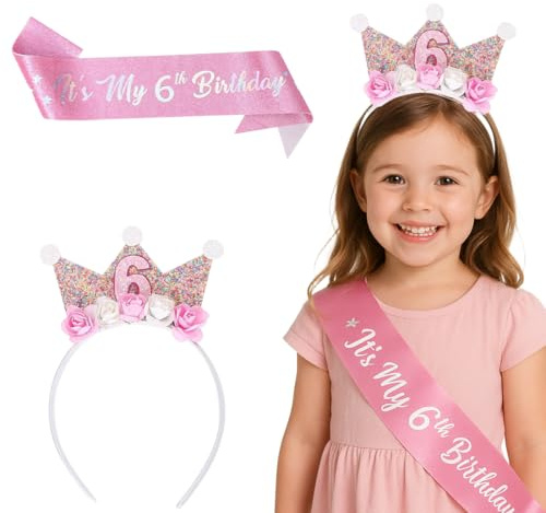 OIXEYA Set di Bambina 6 Anni di Corona, Coroncina Compleanno per Ragazze e Cintura, Corona Principessa Bambina di Rosa, Decorazione di Compleanno, Cappello Decorativo Per Feste di Compleanno