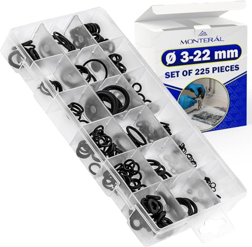 Set di 225 Pezzi O Ring Guarnizioni con Diametro da 3 mm a 22 mm - Oring Gomma Sono Realizzate in Gomma NBR con Intervallo di Funzionamento Compreso tra -50 °C e 125 °C - MONTERAL