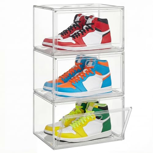 SONGMICS Scatole per Scarpe Impilabili Trasparenti, Organizer Contenitori per Scarpe, Fino alla Taglia 47, Sportello Magnetico, in Plastica, Set da 3 LSP703WH02