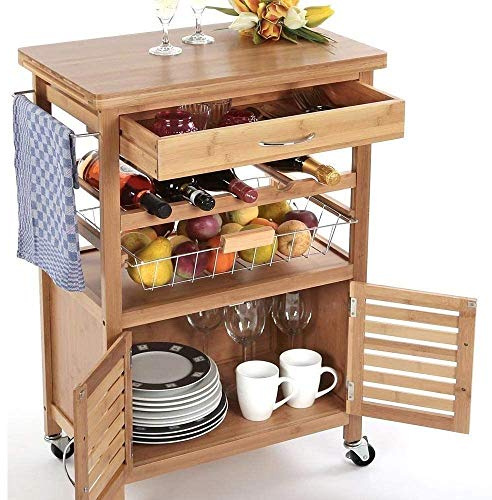 BAKAJI Carrello Cucina in Legno di bambù con Portabottiglie, Cassetto Portaposate Cestello Acciaio e 2 Ante Armadietto per Organizzazione e Sistemazione Ripiano Top in Legno Bamboo Duro e Resistente