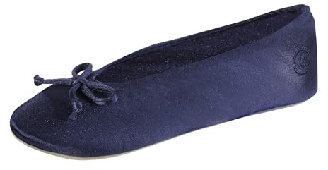 isotoner Women's Classic Stretch Satin Ballerina Slippers with Bow Tie and Leather Sole, Navy Blue, 8-9
