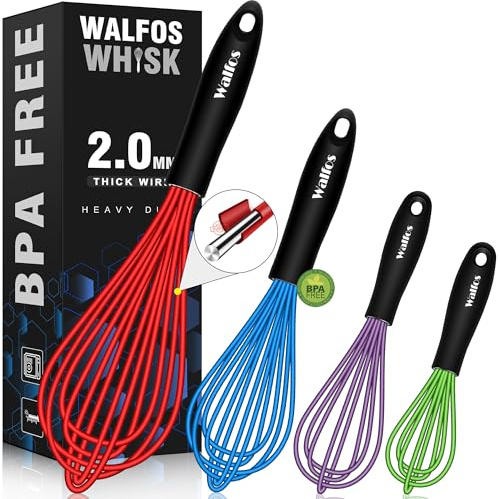 Walfos Whisk, Silicone Whisk Heat Resistant (480Β°F) Kitchen Whisks Set of 4- Professional Whisks For Cooking Non Scratch, Balloon Egg Whisk Perfect for Frothing, Blending, Beating
