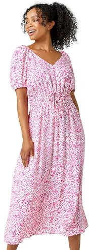 Roman Petite Ditsy Floral Stretch Midi Dress for Women UK - Ladies Everyday Holiday Spring Summer V Neckline Comfy Soft Evening Vacation Work Party - Pink - Size 18