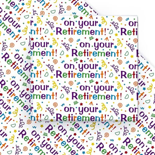 WRAPAHOLIC Geschenkpapier für den Ruhestand, 6 Bögen, buntes Ruhestandsdesign, flach gefaltet, für Partys, Feiern, 50 x 70 cm pro Bogen