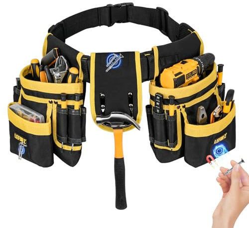Ceinture à outils, pochette à outils magnétique, 27 poches, ceinture à outils rembourrée robuste pour homme, sac à outils amovible et réglable pour électricien, charpentier, construction, tablier de
